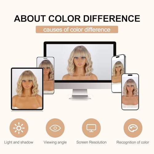 MISSQUEEN Short Ombre Blonde Wigs with Bangs Synthetic Wavy Curly Pastel Blonde Bob Wig for White Women Girl Colorful Cosplay Wig