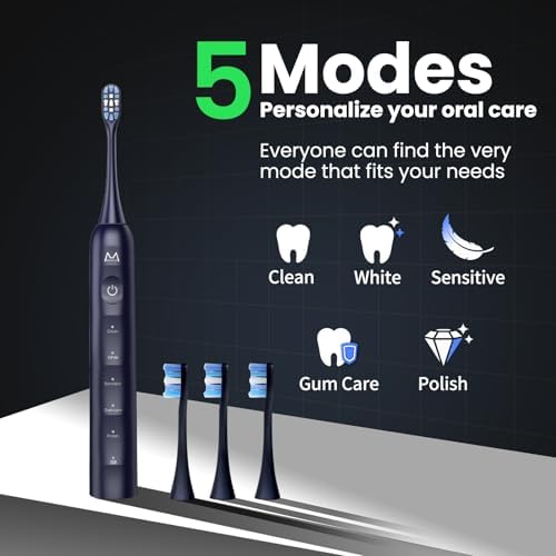 Sonic Electric Toothbrush for Adults Teens: 180 Days Battery Life, 48000VPM Motor 5 Cleaning Modes 2 Min Smart Timer 4 Quality Replacement Heads IPX8 Durable Rechargeable Travel Toothbrush