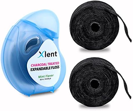 Xlent Expandable Floss Treated Activated Charcoal, Xylitol Natural Based Wax Fresh Mint Flavor | 3 Count (1 50 m Floss Blue Container Plus 2 50 m Refill Bobbins), 3 Count (1 Blister Card+2 Refill)