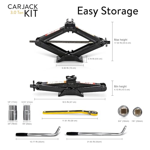 Car Jack Kit 3 Ton Scissor Jack with Lug Wrench Auto Tire Change Tool | Portable emergency kit, Cars & SUVs, Spare tire changing, LED headlamp, Tire pressure gauge, Work gloves - size: Car Jack Kit 3 Ton + Lug Wrench
