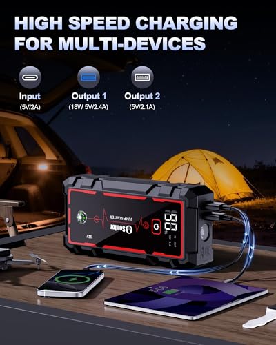 Jump Starter, Battery Jumper Starter Portable, Car Battery Jump Starter with 3 Modes Flashlight, Compass, Power Bank and Jumper Cable | Jump Box with 3 Modes Flashlight, Compass, Power Bank, Gloves and 12V Jumper Cable Up to 10.0L Gas and 10.0L Diesel - c