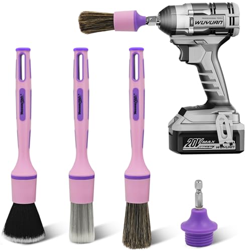 YeewayVeh 3PCS Car Detailing Drill Brush Set, Mixed Detail Brushes, Pink | No Scratch Boars Hair & Ultra Soft Detailing Brushes for Air Vent, Leather Seat, Interior Exterior, Drill Attachment Included - color: Pink