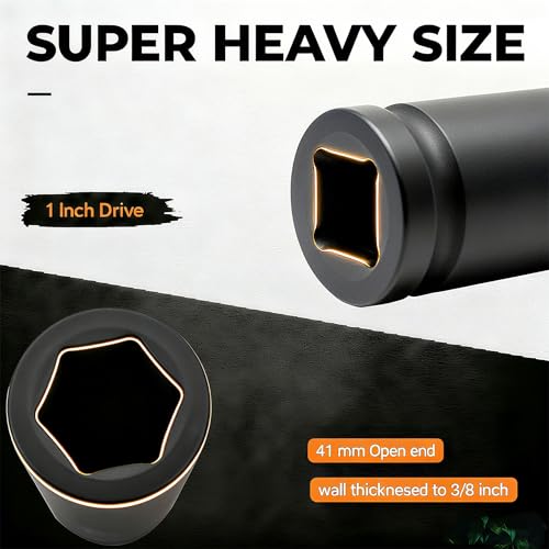 1 Inch Driver 41mm Extra Deep Impact Socket, 7.9 inch Length Deep Axle Nut Socket,6 Point Cr-Mo Deep Truck Wheel Nut Socket,Radius Corner Design, Chamfered Opening - size: 41