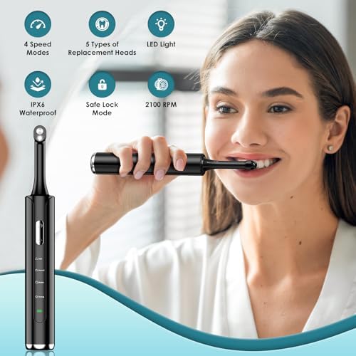 Tooth Polisher, Rechargeable Teeth Polisher with 5 Brush Heads, 4 Speed Modes, Tooth Whitening Kit for Cleaning and Polishing, LED Light, 3 Polish Pastes, IPX6 Waterproof Teeth Cleaning Tools, Black
