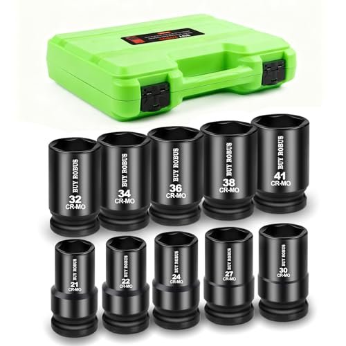 10PCS 1 In Drive Deep Impact Socket Set, Metric, CR-MO, 21,22,24,27,30,32,34,36,38,41mm, Deep Spindle Axle Nut Impact Socket Set - color: 10pcs 1" Metric 21mm-41mm