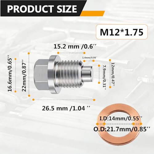 M12x1.75 Magnetic Stainless Steel Oil Drain Plug Kit Fits Cars Motorcycles | CHENACC 1PCS Oil Pan Drain Nut Bolt with 5 PCS Copper Gasket, Compatible with Most Boats Cars and Motorcycles - size: M12*1.75