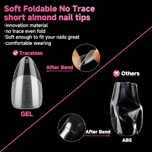 UNA GELLA Short Almond Gel Nail Tips, 600 Pcs Pre-Filed Short Nail Tips Almond Shape Half Matte Press On Nails 12 Sizes Full Cover Clear Fake Nails for Extension Home DIY Salon with Box