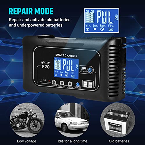 20Amp 12/24V Smart Car Battery Charger Fully Automatic Maintainer, Trickle Charger/Desulfator with Overcharge Protection & Temperature Compensation for LiFePO4 Lead Acid Lithium Batteries