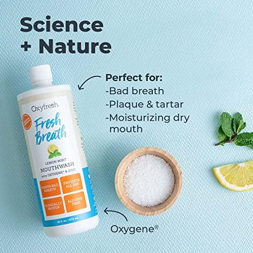 Oxyfresh Premium Lemon Mint Fresh Breath Mouthwash – Oral Rinse for Bad Breath – SLS & Fluoride Free Mouthrinse – Alcohol Free, Gentle Non Burning Mouthwash with Xylitol & Essential Oils, 16 oz