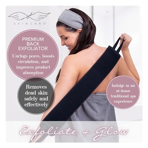 Seraphic Skincare Premium Back Exfoliator – Dual-Sided Back Scrubber for Men & Women – 100% Vegan – Viscose Side for Deep Exfoliation, Mesh & Washcloth Side for Cleansing – Bacne Prevention