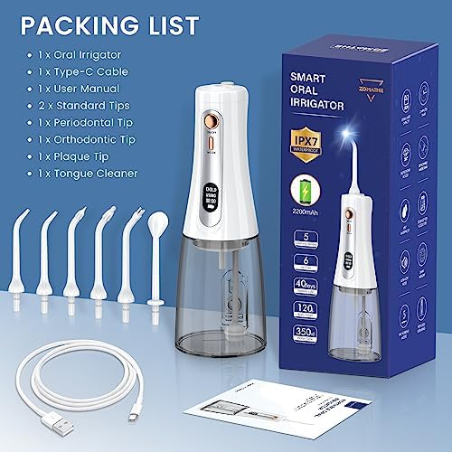 Water Flosser,350ML Water Dental Flosser for Teeth Clean, 5 Modes 6 Jet Tips, LCD Display Cordless Water Flosser, Rechargeable Travel Electric Water Flossers IPX7 Waterproof for Teeth Cleaning