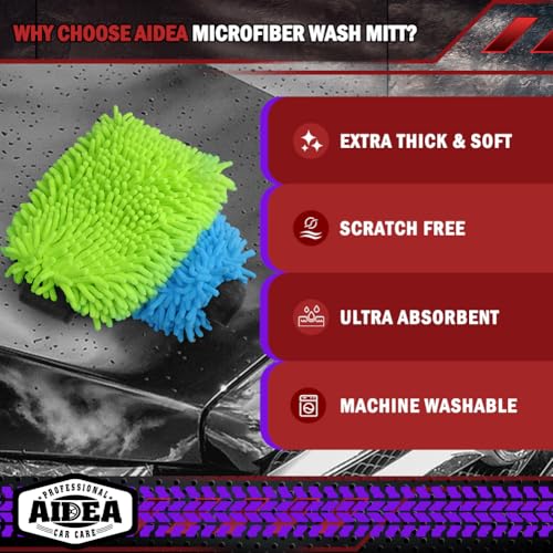 AIDEA Car Wash Mitt Microfiber, 2PK, Car Wash Brush, 8''X12'' | Scratch Free Lint-Free, Premium Chenille Microfiber Mitt, Extra Large Size, Green & Blue - color: Green Blue, size: 2PK-8''X12''