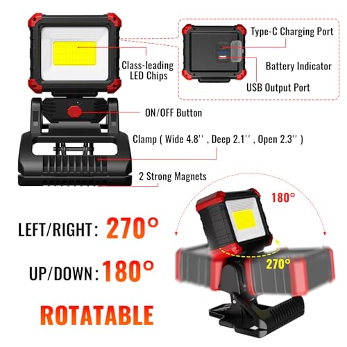 Easymaxx LED Rechargeable Work Light with Clamp, 2100LM COB Magnetic Clip on Worklight 270° Rotating with Mobile Charger, Portable Clamp Work Light for Boats, Car Repairing, Job Site Lighting | 3 modes, 6000K, magnetic base, 270° rotating head, 2.3 in cla