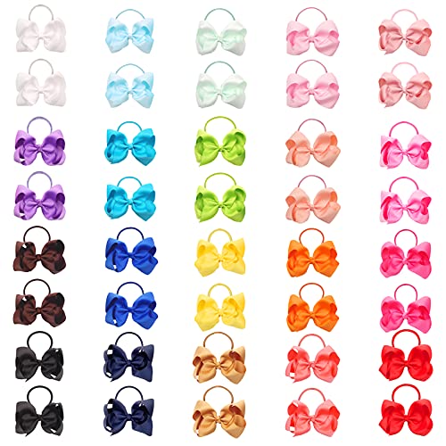 WillingTee 40Pcs 4.5 Inches Boutique Pops Hair Bows Elastic Hair Ties Grosgrain Ribbon Big Cheer Bow Ponytail Holder Elastic Ties for Girls Toddlers Kids Teens 20 Colors in Pairs