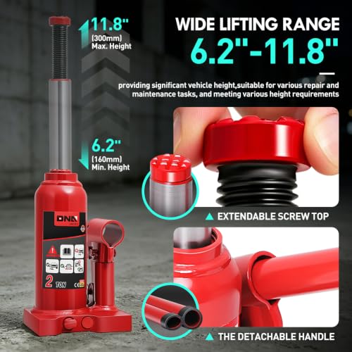 DNA Motoring 2 tons / 4000 lbs Lifting Automotive Welded Hydraulic Bottle Jackfor Sedans Repair, with Manual Handle & Carrying Storage Case, Red - color: red, style: 2 ton