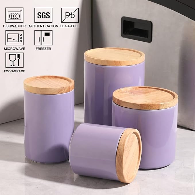 Sweejar Ceramic Food Storage Jar, Stackable Kitchen Canisters, Containers with Airtight Seal Wooden Lid for Serving Coffee Grounds, Coffee Bean, Flour, Tea, Spice and More - 39 Fl Oz (Purple)