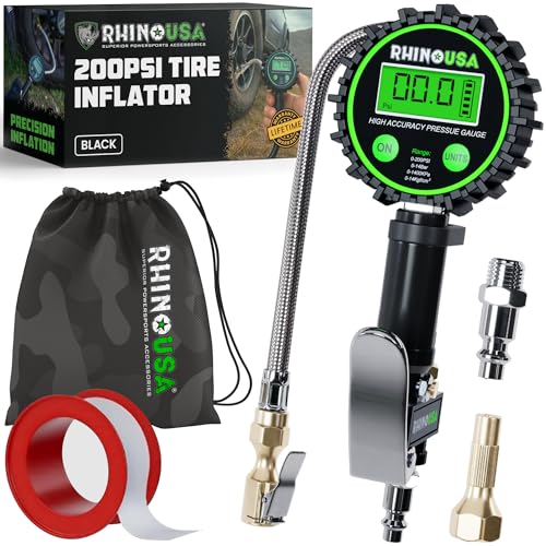 Rhino USA Digital Tire Pressure Gauge with Inflator (0-200 PSI) - 2in Dial | Heavy Duty Air Chuck & Compressor Accessories. Stainless Braided Hose, Large 2in Dial, Solid Brass Hardware. - style: 200psi Digital