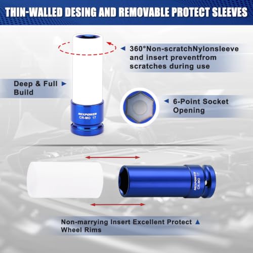 1/2" Drive Wheel Protector Impact Socket, 4 pcs Thin Wall Deep Impact Socket Set, Durable Plastic Sleeve Lug Nut Socket, 6 Point, Metric, 17mm,19mm,21mm,22mm - size: 17 mm, 19 mm, 21 mm, 22 mm