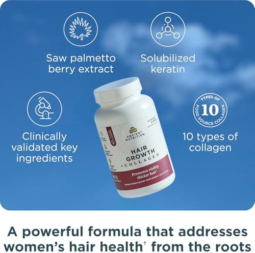 Ancient Nutrition Hair Growth + Collagen Supplement, Hydrolyzed Collagen Peptides, Clinically Studied Superfoods for Hair Growth Support, Thicker, Fuller Hair and Radiant Skin, 60 Count