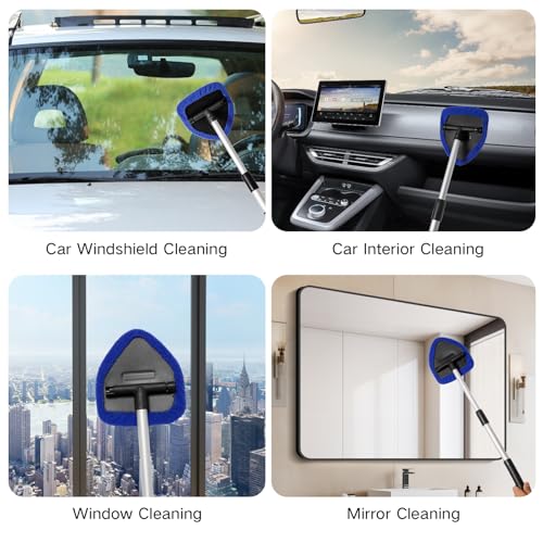 Qydipclin 11pcs Windshield Cleaner Tool, Car Window Cleaning Wash Kit with 6 Reusable Microfiber Pads 2 Spray Bottles and Extendable Handles Auto Glass Wiper Kit, Blue - color: Blue