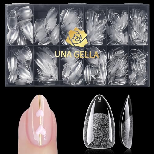 UNA GELLA Short Almond Gel Nail Tips, 600 Pcs Pre-Filed Short Nail Tips Almond Shape Half Matte Press On Nails 12 Sizes Full Cover Clear Fake Nails for Extension Home DIY Salon with Box