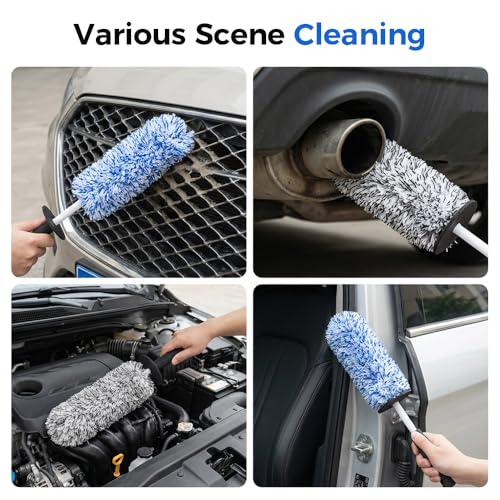 Wheel Barrel Cleaning Brush,2026 New Long Handle Microfiber Wheel Brush Car Duster,Lightweight Rim Detailing Tool for Narrow Spokes & Brake Calipers (Black+Blue Brush) - color: Black+Blue Brush