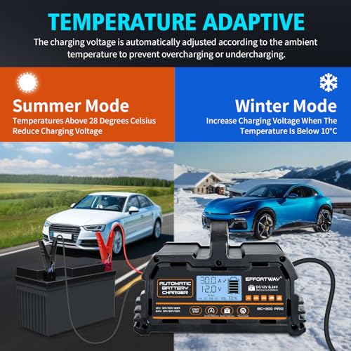 30A Battery Charger, 12V/24V Lead Acid, 12V LiFePO4. Smart Battery Charger with Trickle Charge. Car Battery Maintainer with LCD Display. Suitable for Trucks, Motorcycles - size: 30A
