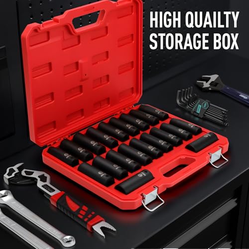 DISEN 20PCS 1/2" Impact Socket Set | Deep Sockets SAE 13/16"-3/8" & Metric 10-24mm, 6-Point Cr-V & Alloy Steel, Rugged Construction, Enhanced Storage Case - style: 1/2“ 20PCS Deep
