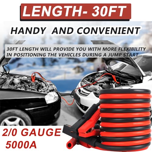 iMeshbean 2/0 Gauge Jumper Cables 30FT 5000A, Heavy Duty Jumper Cable for Car Van Truck, Automotive Booster Cables for Jump Starting Dead & Weak Batteries