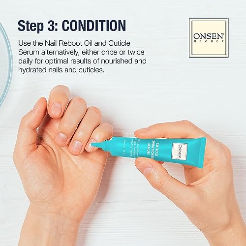 Onsen Secret Complete Nail Reboot Kit w/Nail Reboot Oil 10ml, Nail File 120/180 Grit Double Sided, A 3-Way Nail Buffer Block & Cuticle Serum-15ml w/Cuticle Oil in Action-Super Value Pack