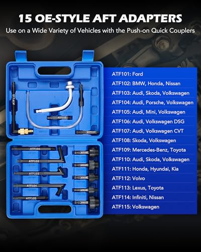OMT 2.6 Gallon Vacuum Fluid Evacuator and Filler Set with 15 ATF Adapters | 10L Pneumatic Transmission Bleeder for Shops; Hands-Free Trigger Lock; Pressure Gauge; Heat Resistant Nylon Tubes; Auto Care