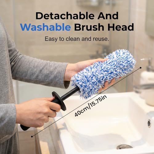 Wheel Barrel Cleaning Brush,2026 New Long Handle Microfiber Wheel Brush Car Duster,Lightweight Rim Detailing Tool for Narrow Spokes & Brake Calipers (Black+Blue Set) - color: Black+Blue Set