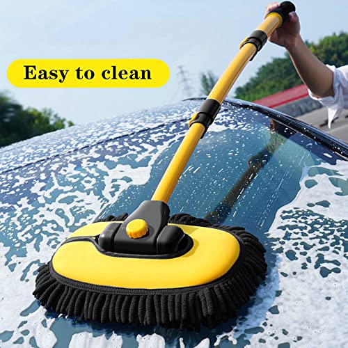 BMLEI Car Wash Brush with Long Handle, Microfiber Cleaning Car Wash Kit | Car Wash Mop with 2 Replacement Head, Extension Pole, Exterior Chenille Car Cleaning Brush for Washing Roof Car Truck RV - color: Yellow Mop With Yellow Washing Cloth
