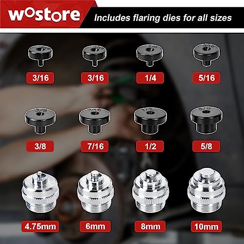 Wostore Brake Line Flare Kit, SAE Double & ISO Bubble, 7 Dies 3/16-5/8" | SAE double & ISO bubble flare tool with 7 dies (3/16-5/8"). Includes tubing cutter & pipe reamer. For brake line & fuel line. - size: Flaring tool