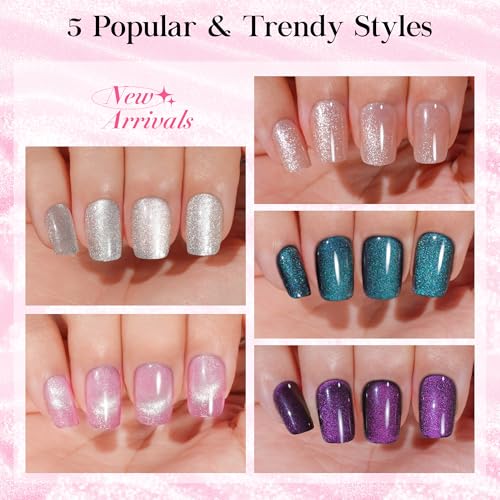 Cat Eye Press on Nails - Short, Salon-Like Fake Nails with Glitter Galaxy Chasing Light Cat Eye Designs