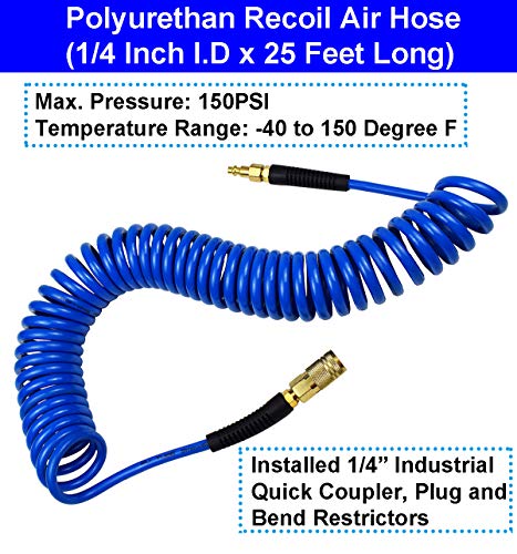YOTOO Recoil Air Hose Kit with Tire Inflator Gauge, 1/4" Industrial Quick Coupler and Plug for tire infaltion and air Tools