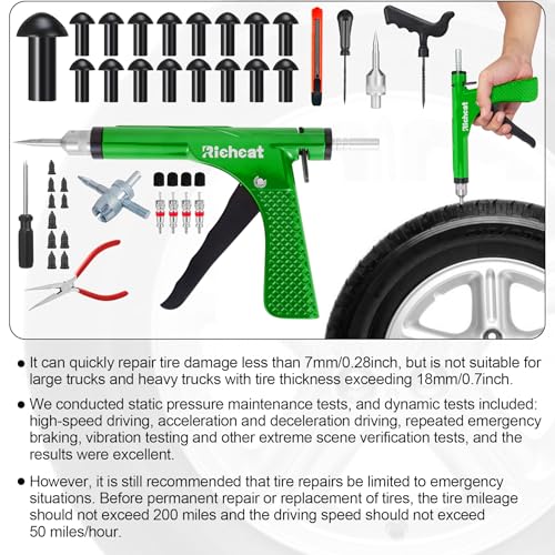 Richcat Tubeless Tire Puncture Repair Kit with Mushroom Plug, Repairs punctures and Flat Tires for Motorcycles, Cars, Trucks, ATVs,Gun Puncture Repair Kit - size: 20Plugs Kit