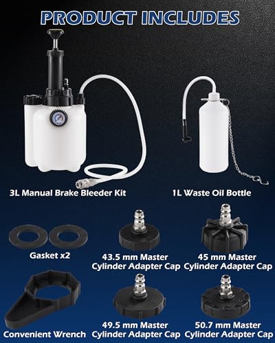 3L Brake Fluid Bleeder Kit w/ 1L Catch Bottle, Pressure Brake Bleeding Tool, Manual Power Bleeder Pump for Flush Brakes and Clutch System, Upgraded Adapters (43.5/45/49.5/50.7mm), White