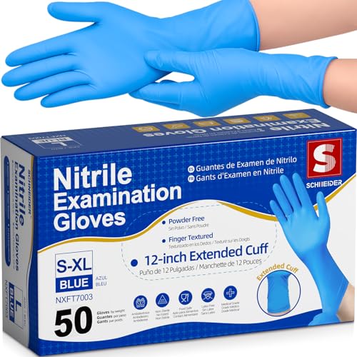 Schneider Nitrile Exam Gloves, Extended 12 Inches Cuff, Large, 4 mil, 50-ct Box, Gloves Disposable Latex Free, Powder Free for Medical, Food Prep, Cleaning, Cooking, Blue - size: Large