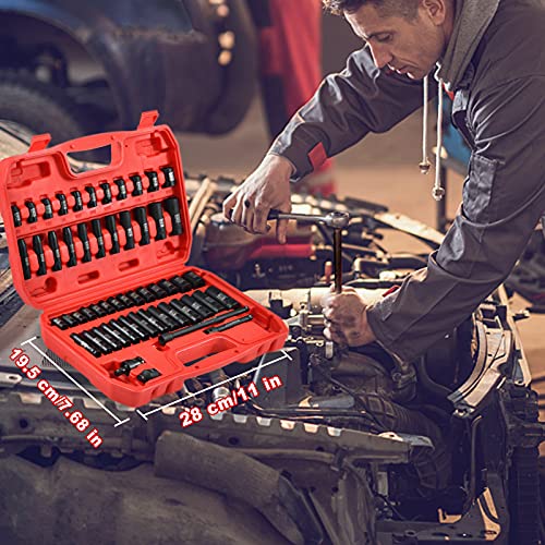 AOBEN 1/4-Inch Drive Impact Socket Set, 54 Pieces, 6 Point, SAE/Metric, (5/32" - 9/16" ，4mm -15mm)，Deep/Shallow, Cr-V Steel, Includes Extension bars and Socket Adapter - size: 1/4-Inch 54PCS