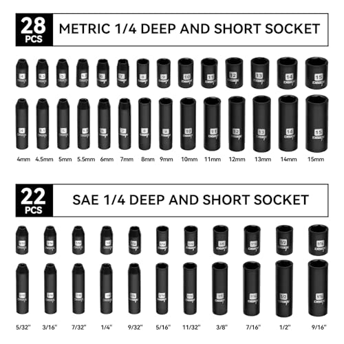 DISEN 94 PCS 1/4" Drive Impact Socket Set | Shallow & Deep Socket SAE(5/32"-9/16") & Metric(4-15mm), Torx Screwdriver Bit Set, CRV, Automotive Repair - style: 1/4" 94PCS