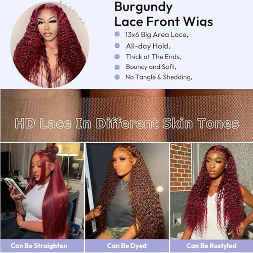 Estilar 30 Inch 99j Burgundy Lace Front Wigs Human Hair 13x6 Deep Wave HD Lace Front Wigs Pre Plucked with Baby Hair 200 Density Glueless Wet and Wavy Red Wine Colored Wigs Human Hair for Women