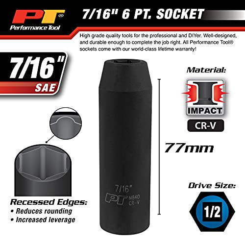 Performance Tool M840 1/2 Drive Impact Socket, 7/16 - Durable and Reliable Socket for Heavy-Duty Tasks with High Torque Requirements - size: 7/16", style: Deep Wall Impact