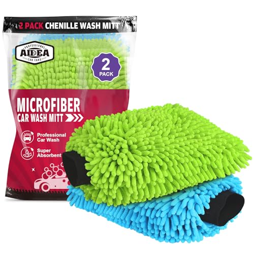 AIDEA Car Wash Mitt Microfiber, 2PK, Car Wash Brush, 7.12''X10.14'' | Scratch Free Lint-Free, Premium Chenille Microfiber Mitt, Regular Size, Green & Blue - color: Green Blue, size: 2PK-7.12''X10.14''