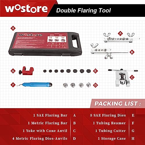 Wostore Brake Line Flare Kit, SAE Double & ISO Bubble, 7 Dies 3/16-5/8" | SAE double & ISO bubble flare tool with 7 dies (3/16-5/8"). Includes tubing cutter & pipe reamer. For brake line & fuel line. - size: Flaring tool