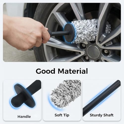 Wheel Barrel Cleaning Brush,2026 New Long Handle Microfiber Wheel Brush Car Duster,Lightweight Rim Detailing Tool for Narrow Spokes & Brake Calipers (Black+Blue Brush) - color: Black+Blue Brush