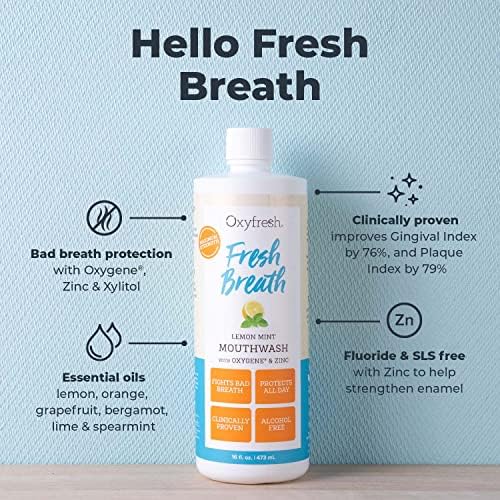 Oxyfresh Premium Lemon Mint Fresh Breath Mouthwash – Oral Rinse for Bad Breath – SLS & Fluoride Free Mouthrinse – Alcohol Free, Gentle Non Burning Mouthwash with Xylitol & Essential Oils, 16 oz
