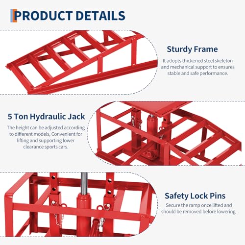GarveeTech Hydraulic Car Ramps 2-Pack, 11000 LBS Low Profile Portable Car Lift Ramp for Oil Change & Garage Repair, Heavy Duty Steel Ramps for Trucks/Low Cars (Red) (red, 5 T) - color: Red