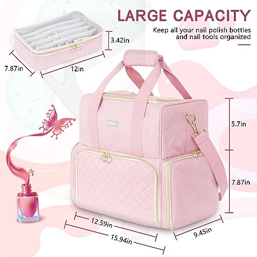 Nail Polish Organizer Holds 80 Bottles and a Nail Lamp,Nail Polish Carrying Case with 2 Removable Bags,Nail Organizers and Storage for Nail Tech,Portable Nail Polish Holder for Nail Supplies,Pink