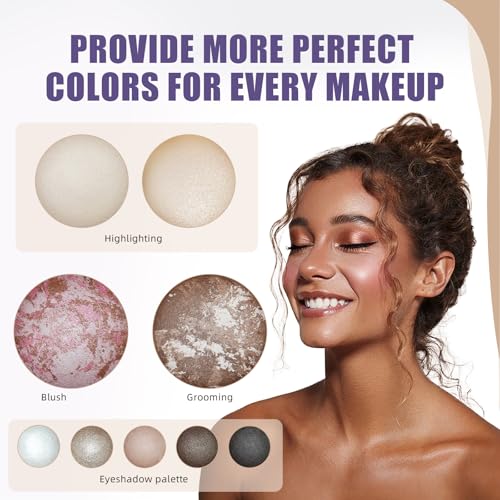 Baked Makeup Palette, Full Size 4-in-1 Face & Eye Compact with Bronzer, Blush, 2 Highlighters & 5 Eyeshadows, Highly Pigmented& Long-Wearing Formulas Travel-Friendly Beauty Essential
